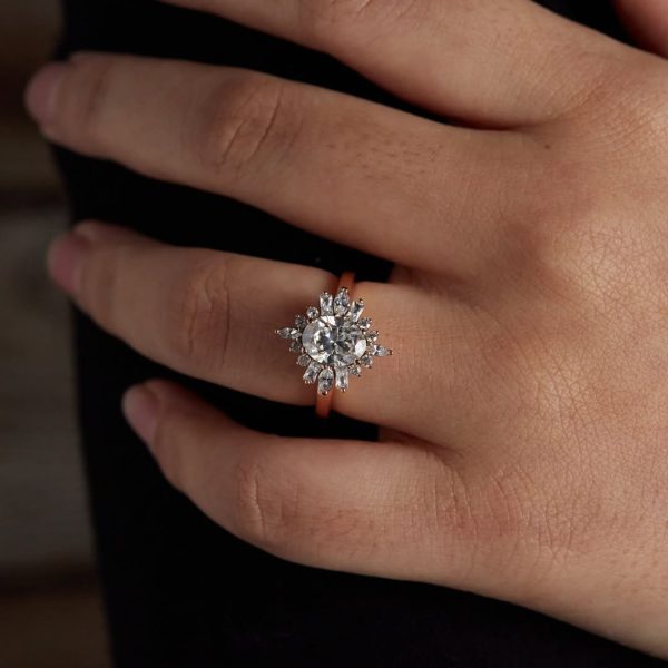 Crystal clear oval moissanite buds stand on four Marquise, four radiant, eight round moissanite, (1)