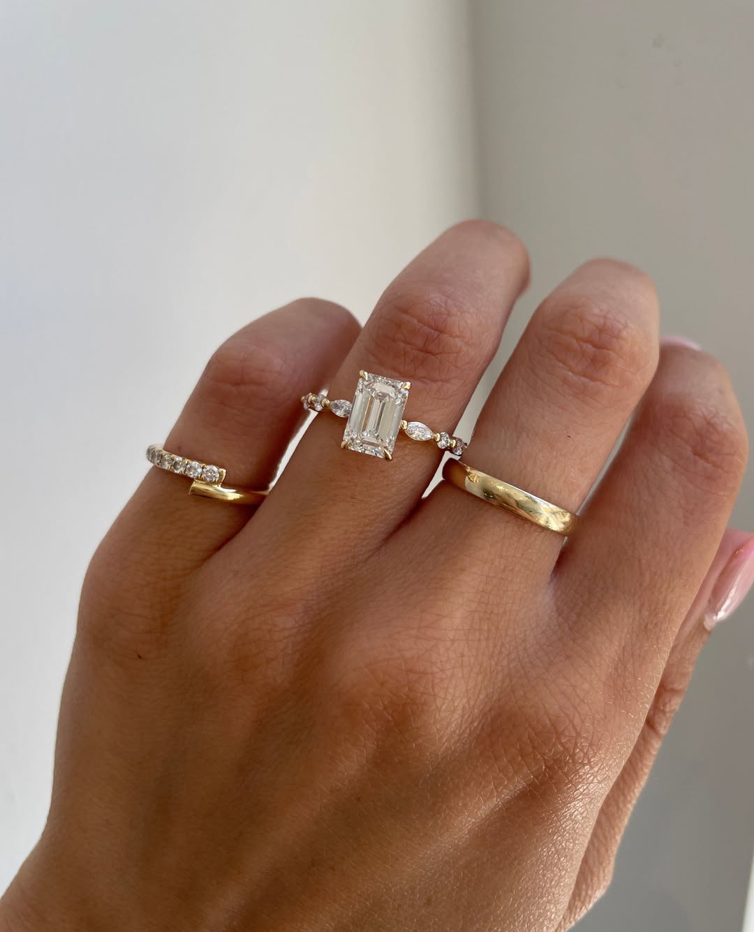 Ring stack inspiration for the gorgeous PARKER. An Emerald Solitaire with Accent Band paired